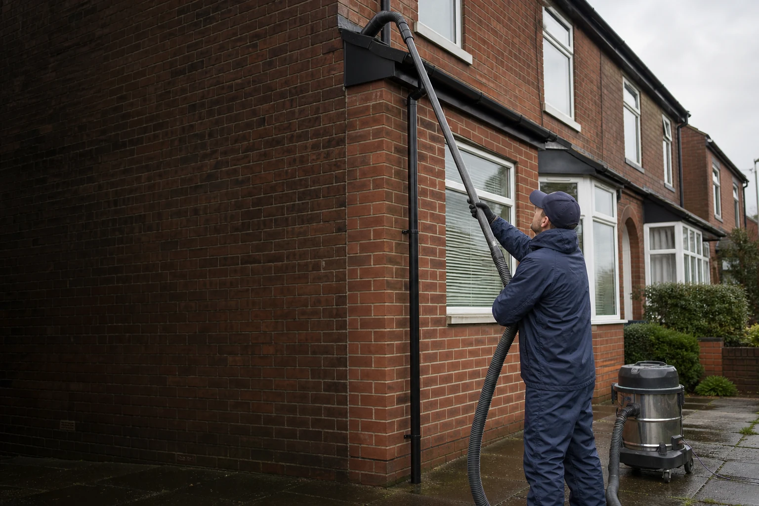 A gutter-cleaning professional using a ground-based vacuum at a British brick home