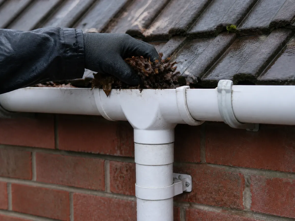 Leaves being cleared beside a residential downpipe outlet