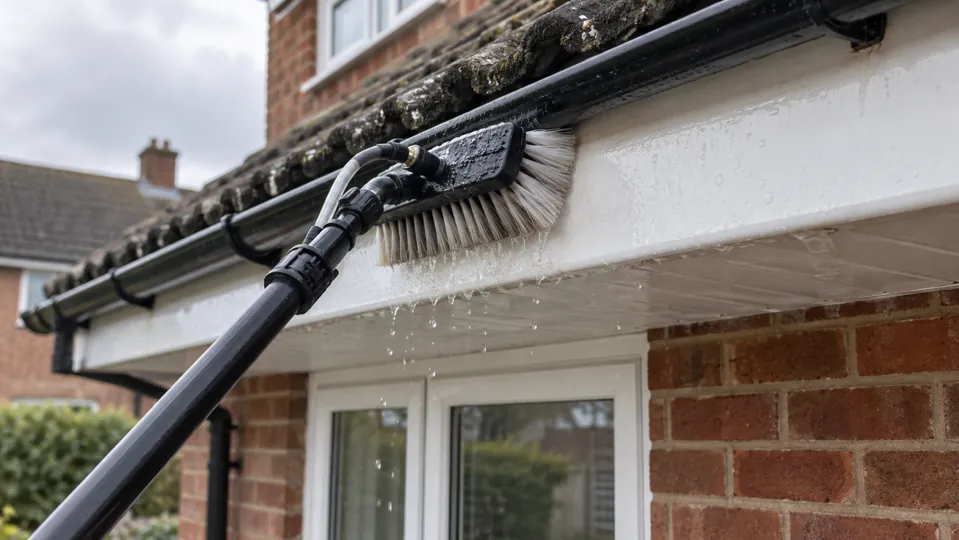 A soft brush washing white fascia and soffit boards on a brick house