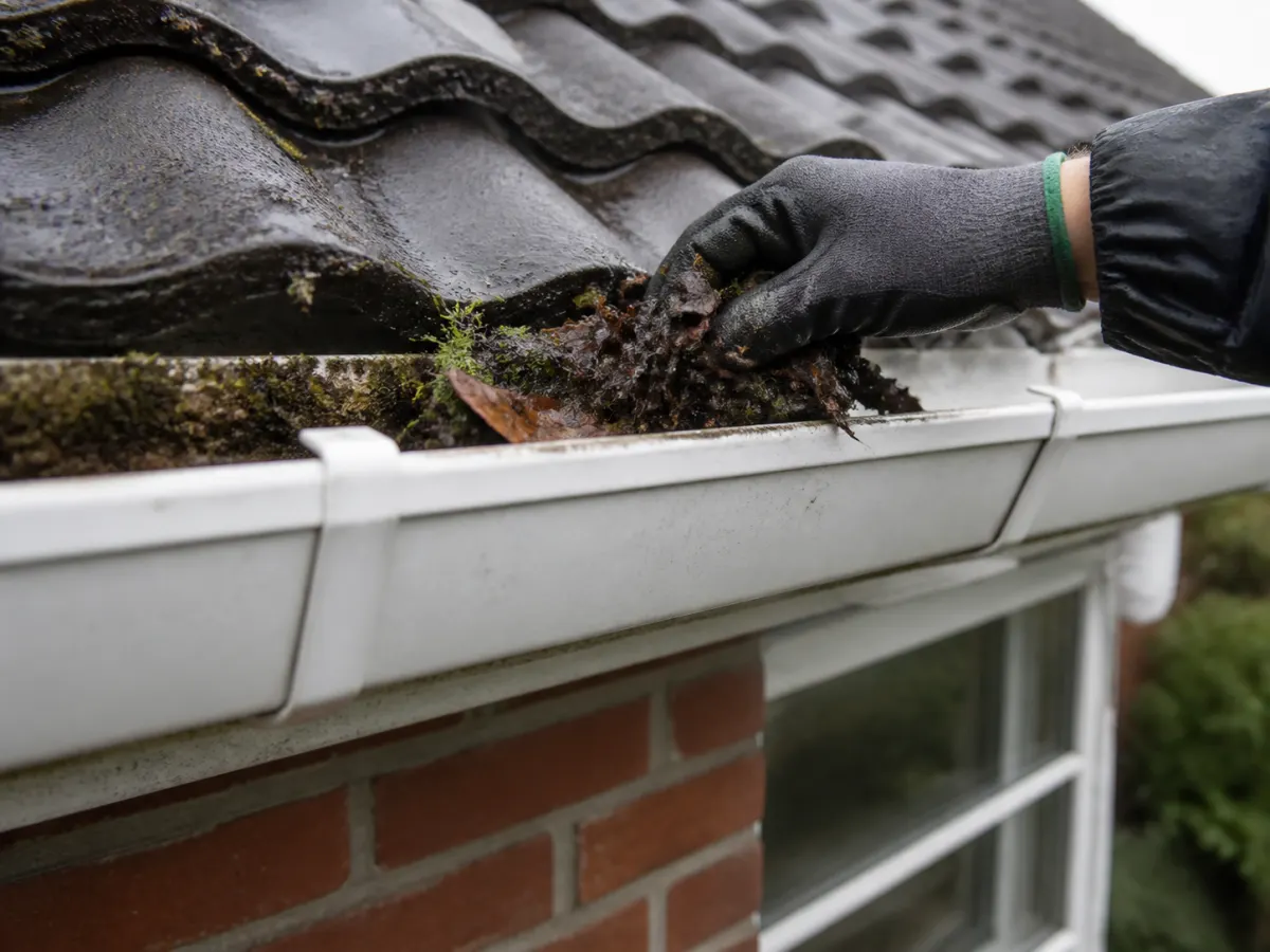 Leaves and moss being removed from a residential gutter