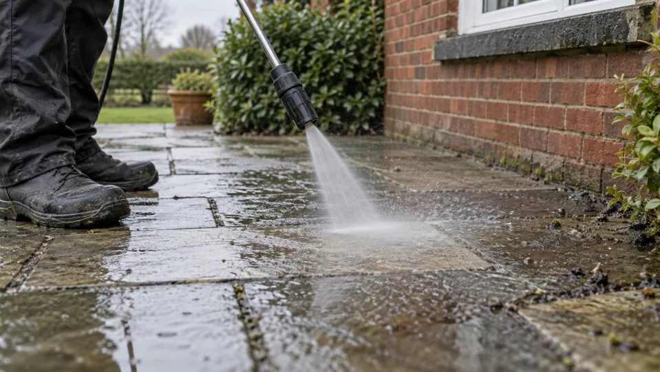 A pressure washer cleaning stone patio paving beside a brick house