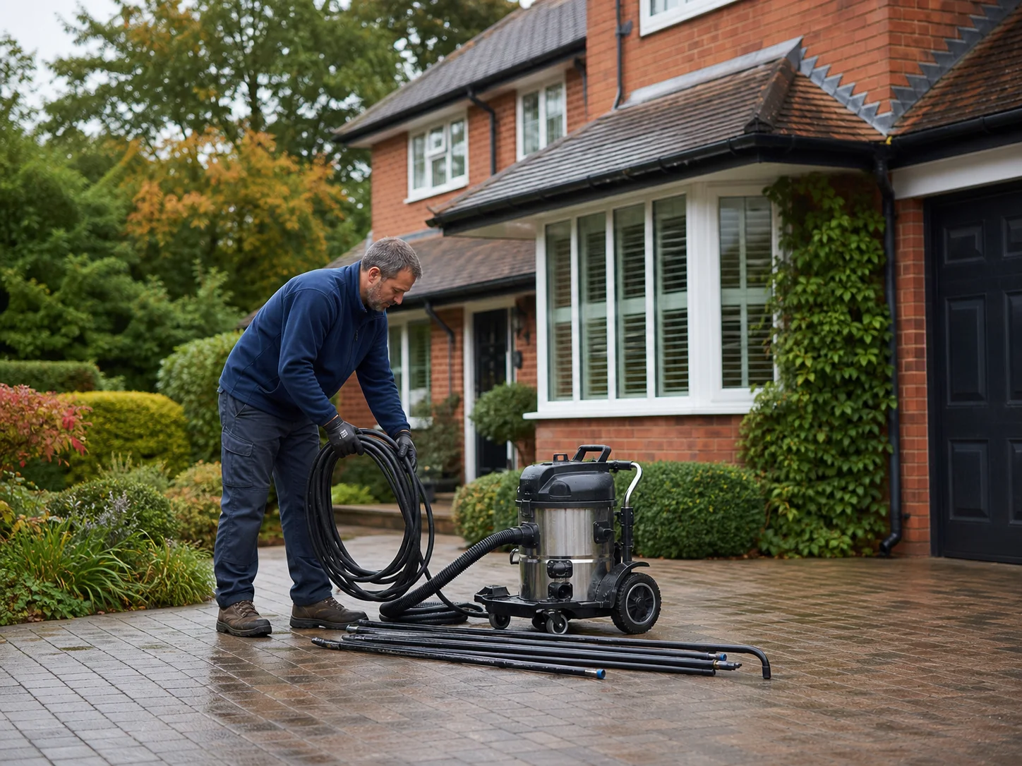 A gutter-cleaning professional tidying equipment outside a British home